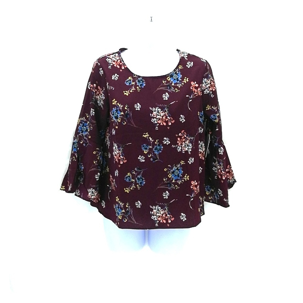 Passport Women's Burgundy Floral Bell Sleeve Top Size M